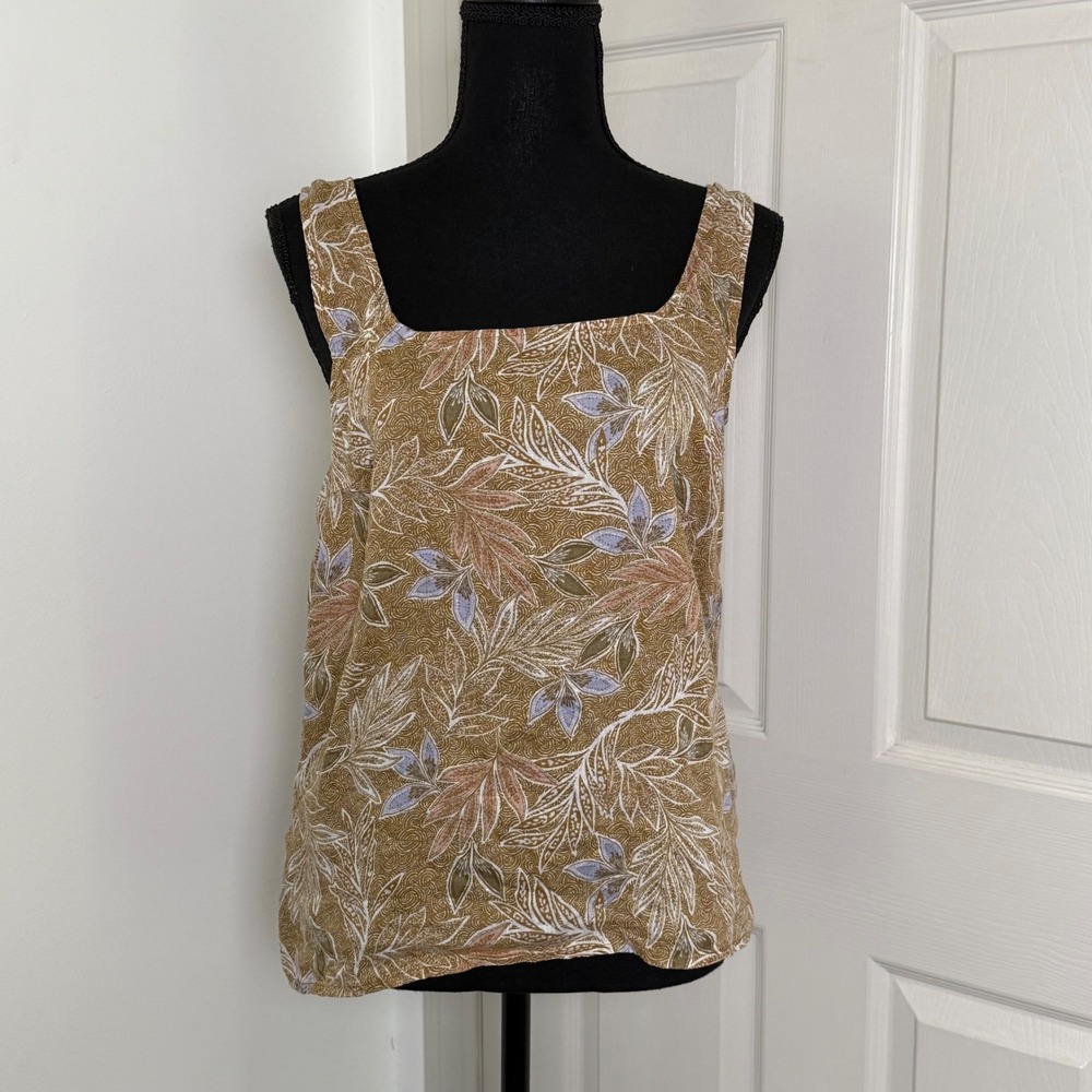 100% Linen Tank Top Women Small Floral Vacation Boho Coastal Cottagecore Earthy
